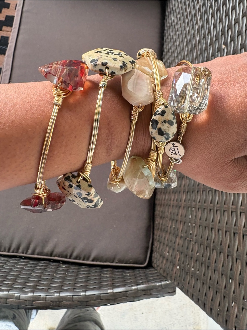 Gold Multi-Stone Stackable Bangle Bracelet - Mixed Neutral and Red